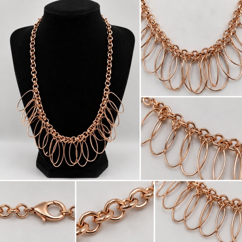 Rose Gold Tone Metal Fringe Dangle Rolo Chain Necklace 20 Inch Statement Jewelry